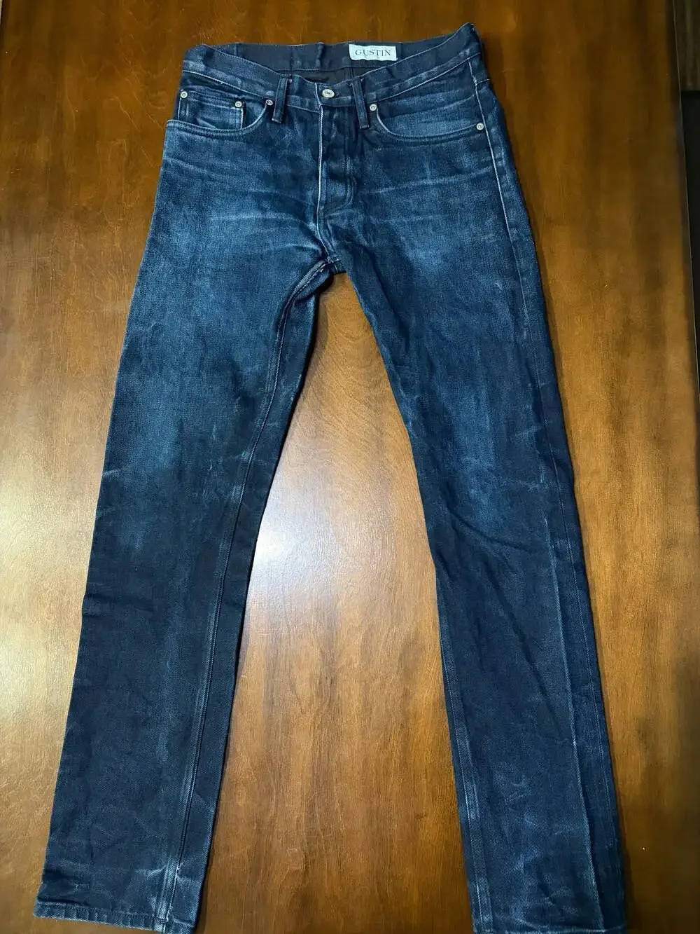 GUSTIN Mens Slim Fit Raw Jeans Size 32x32 California Sewn Dark Wash Selvedge